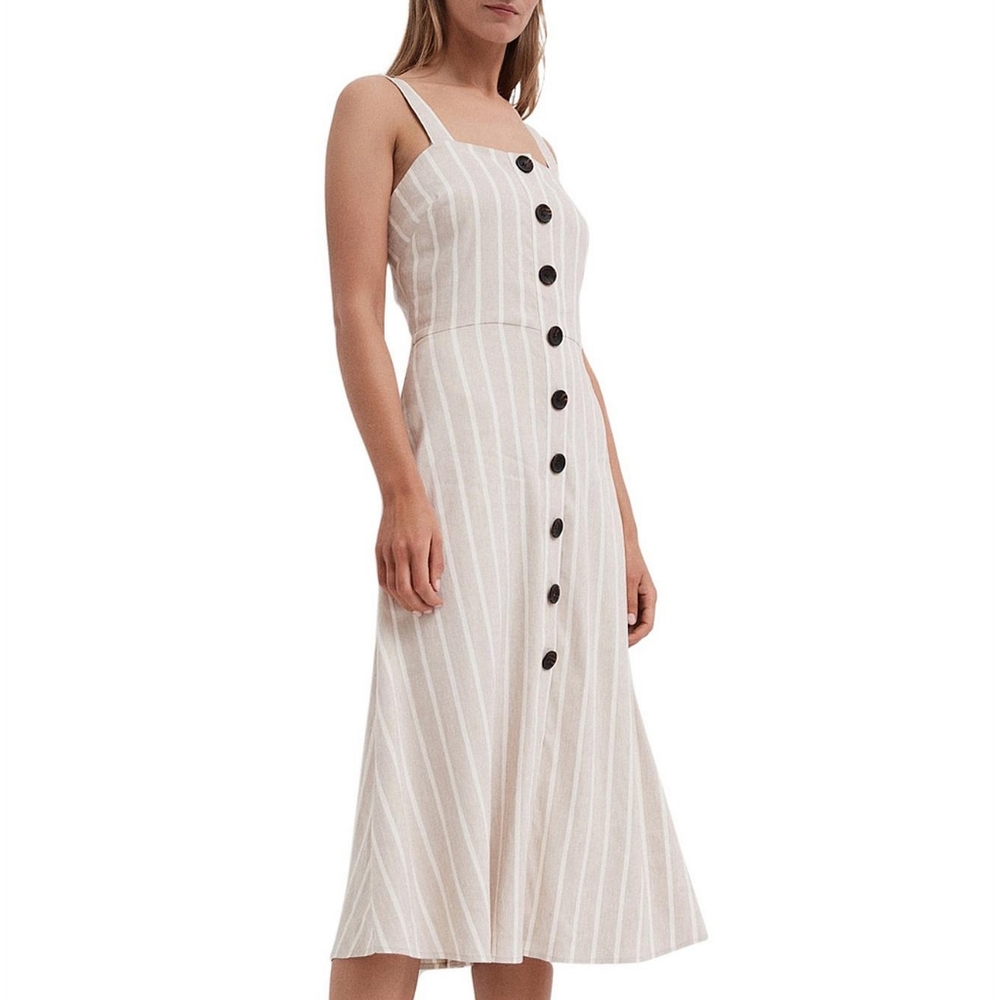WITCHERY Linen blend Neutral Beige White Stripe Button Midi Dress NWT RRP$160 - Picture 3 of 16